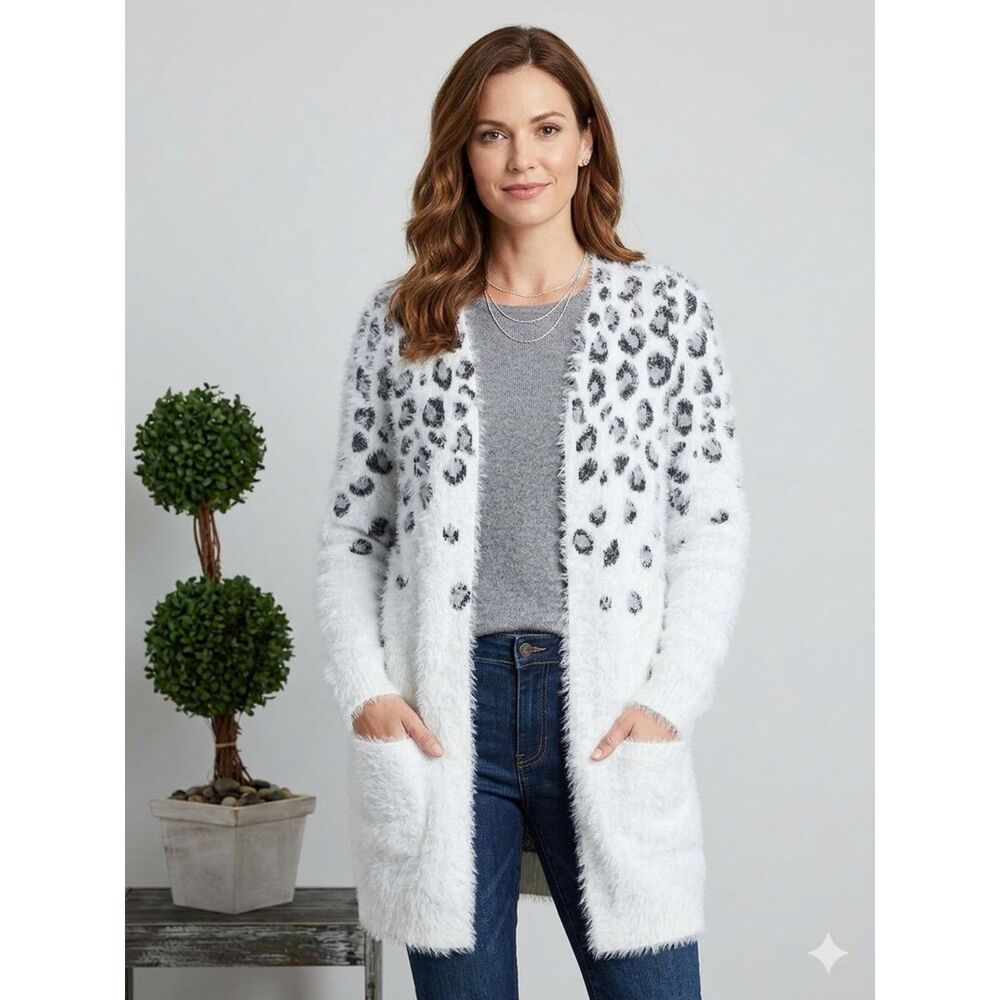 Worthington Gray Animal Print Fuzzy Long Sleeve Open Front Cardigan M